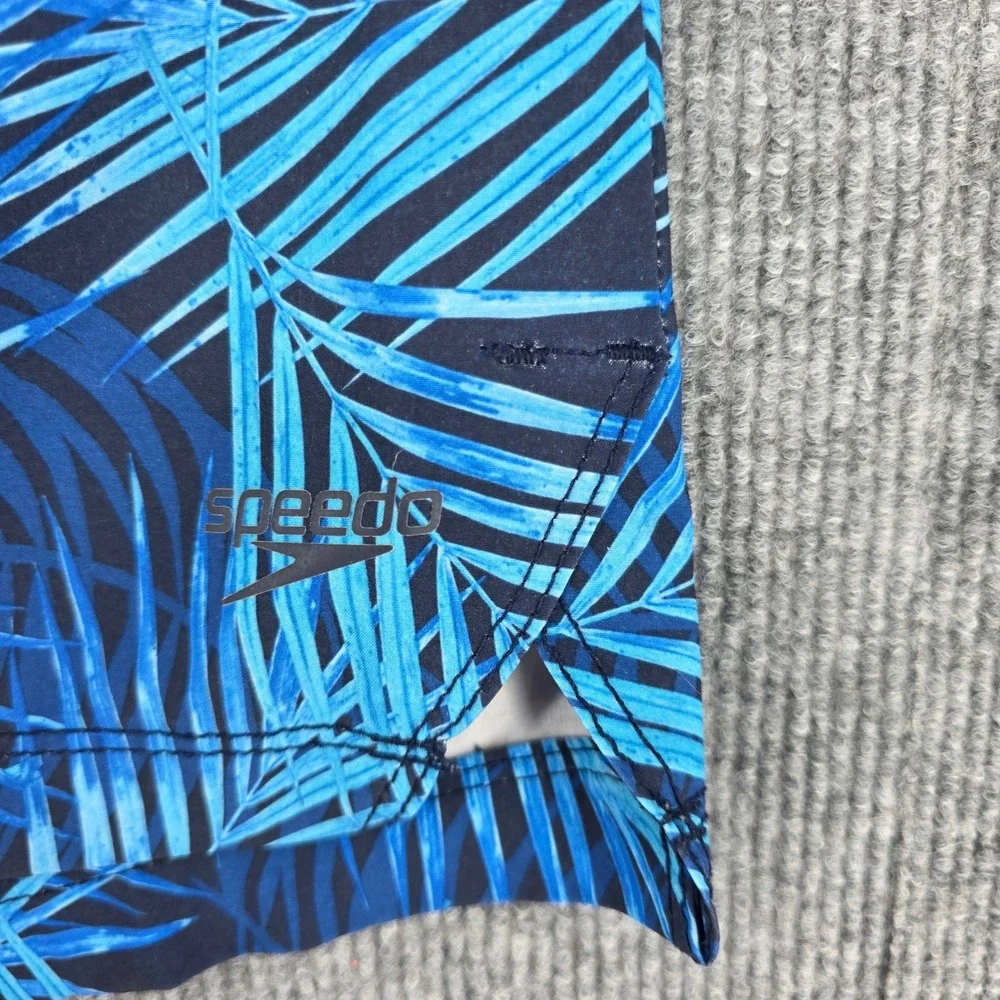 Speedo Mens Blue Tropical Palm Leaf Print Swim Trunks Size Large Zipper Pocket